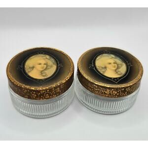 Vintage Glass Trinket Dishes Set of 2 Portrait Lids Vanity Jewelry Jars
